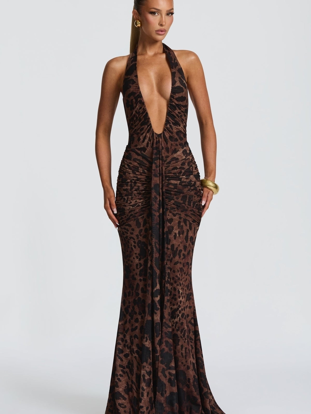Babyboo Rosetta Brown Leopard Halter Plunge Maxi Dress